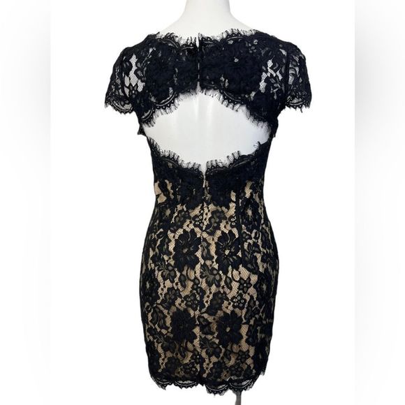 ML Monique Lhuillier cocktail dress size 6 black/nude lace cap sleeve - Picture 4 of 5